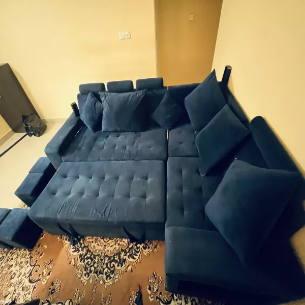 7 Sweater Sofa Cum Bed + 4 Seating Puffies + 6 Cushions