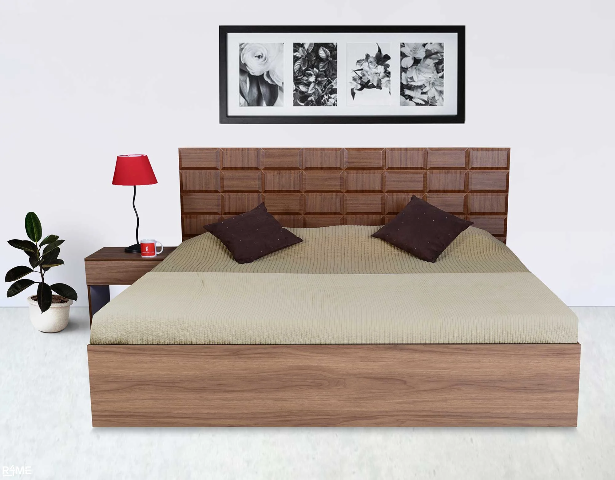 Sorrel King Size Bed with Mattress and Side Table on rent