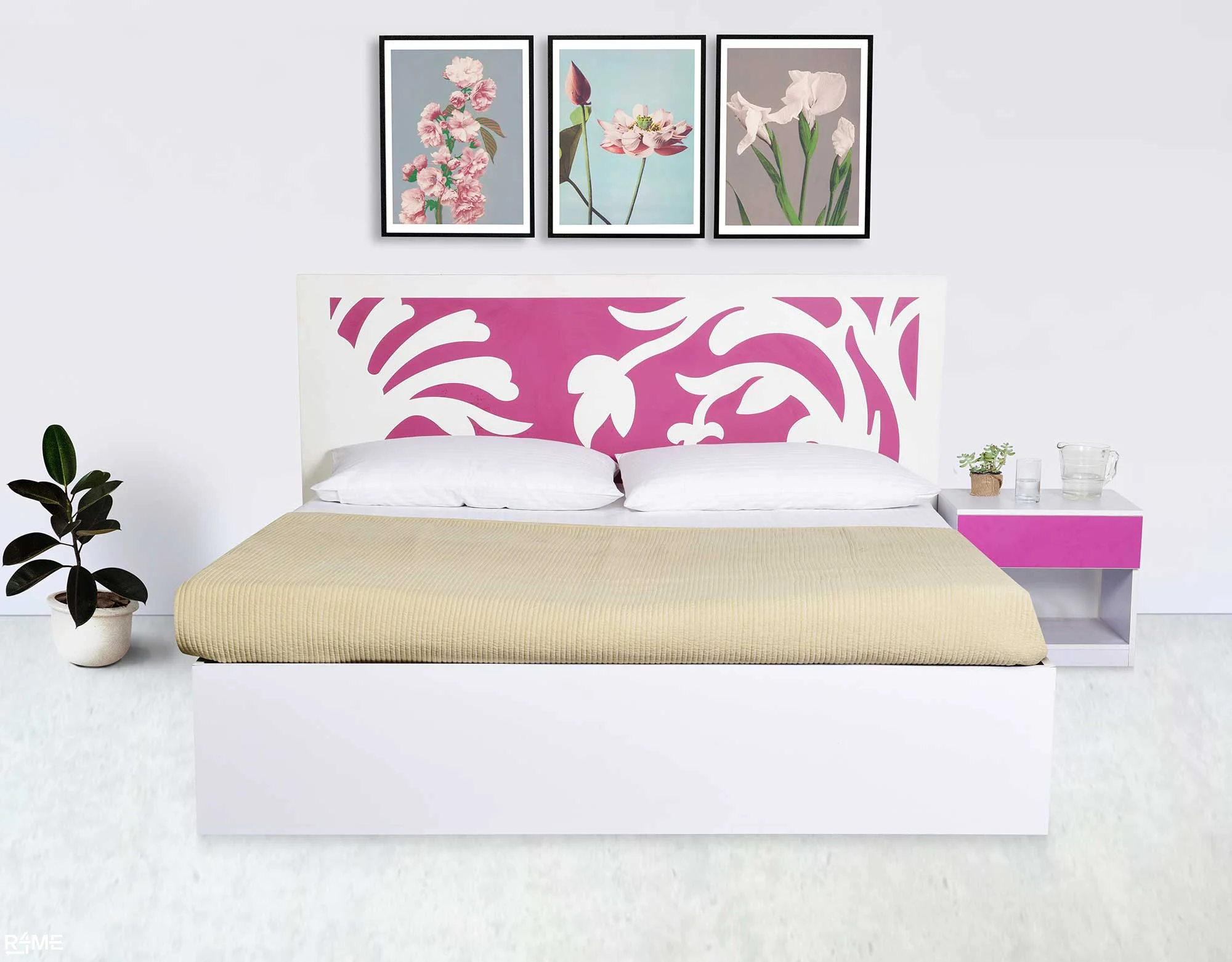 Viola Queen size  Bed with Mattress and Side table on rent