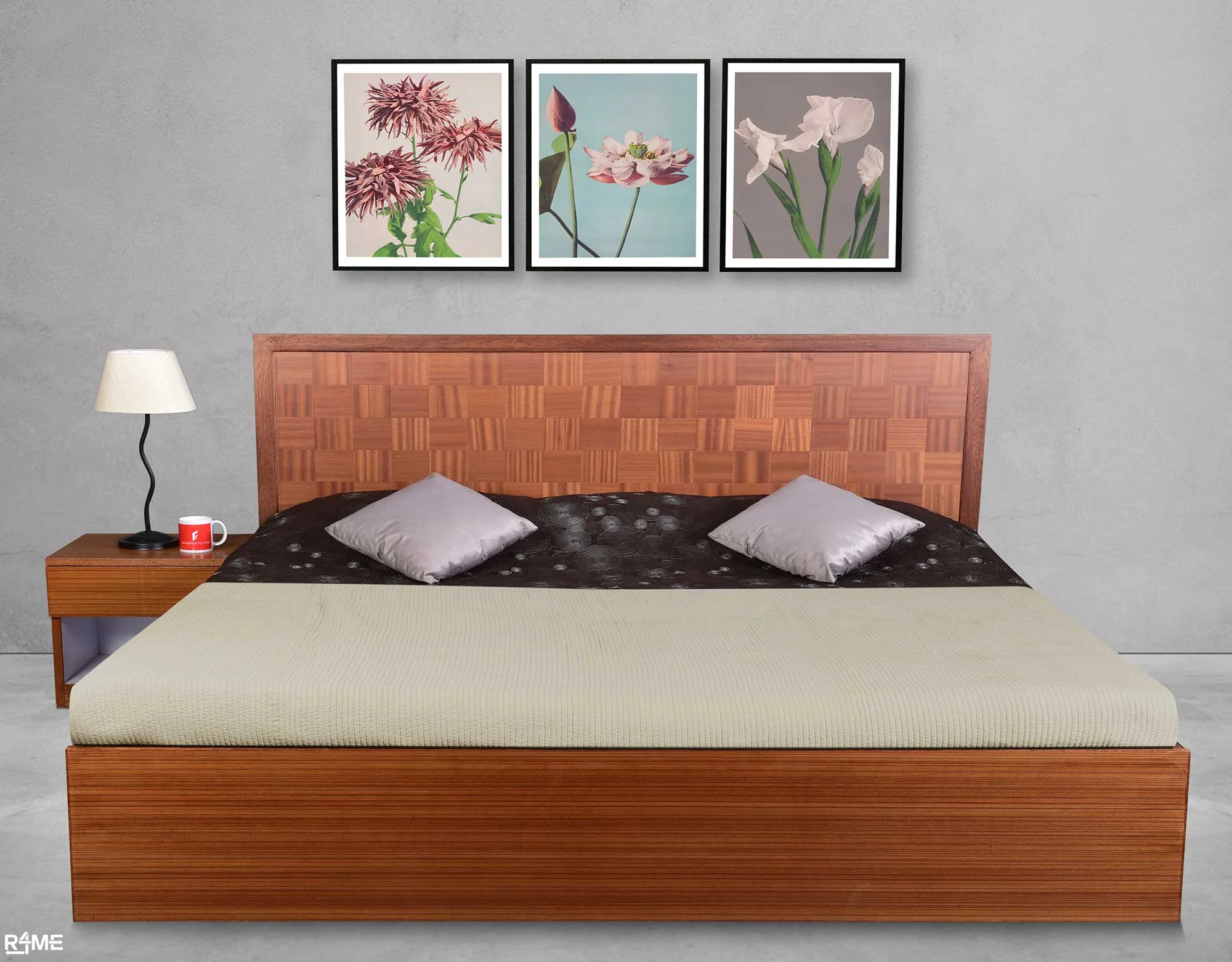 Woodway Queen Size Bed with Mattress and Side Table on rent