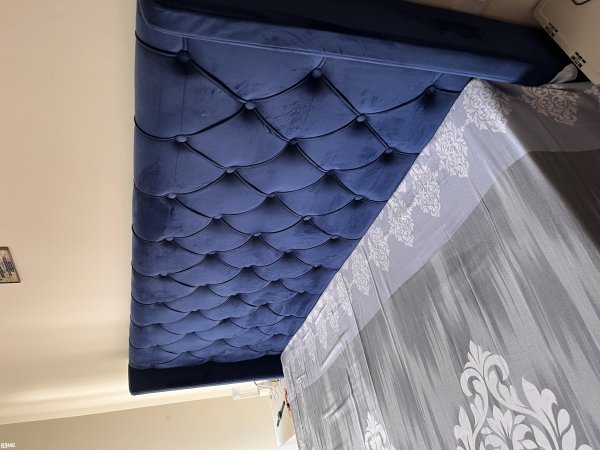 King Size Blue Upholstered Bed + Orthopaedic Mattresses on rent